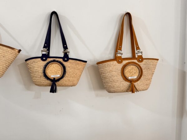 Large straw basket with golden brown edges.