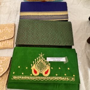 Green pouch decorated with gold and red embroidery.