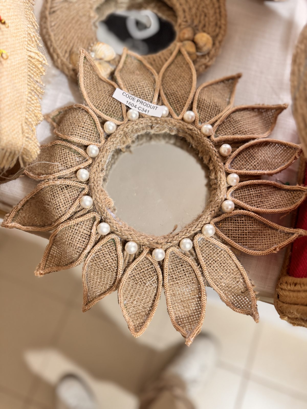 Miroir soleil en jute et perles